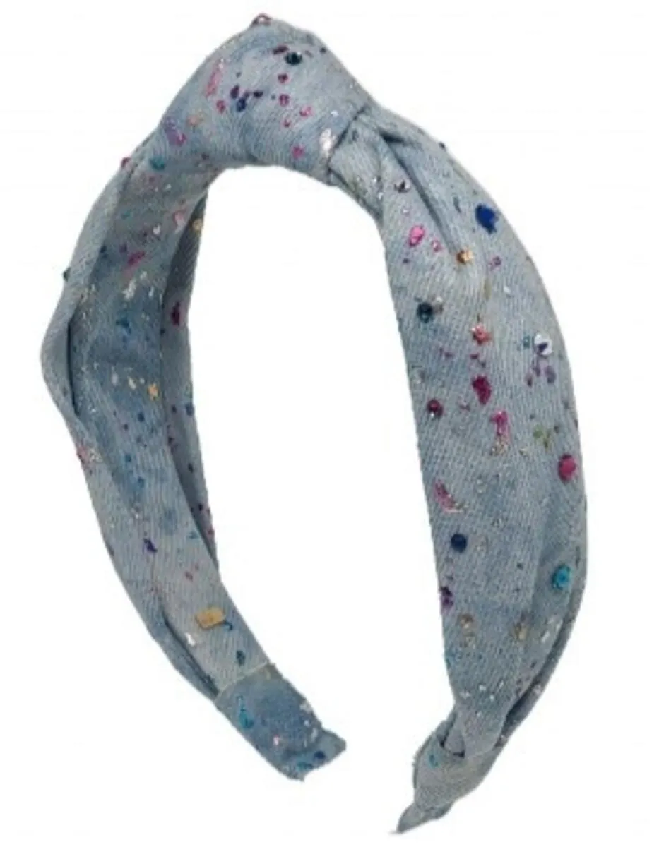 Bari Lynn Light Denim Shimmer Splatter Headband with Crystals