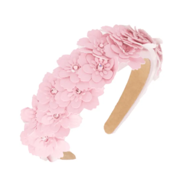 Bari Lynn Multi Leather Flower Crystal Embellished Headband - Pink