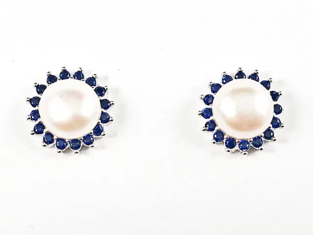 Beautiful Center Pearl With Pear Shape Cut Sapphire Color CZ Frame Silver Stud Earrings