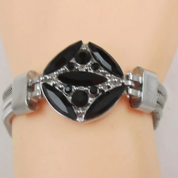 Black Crystal  Rhinestone & Silver Bangle Bracelet