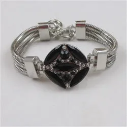 Black Crystal  Rhinestone & Silver Bangle Bracelet