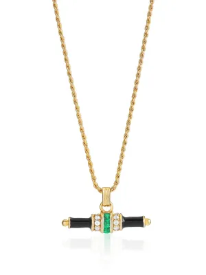 Black enamel Bridget t-bar necklace with emerald green stone