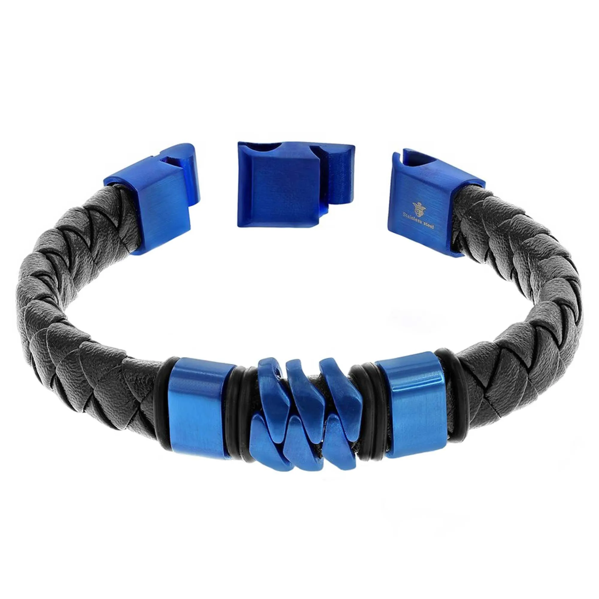 Blackjack Men's Bracelet - Blue Stainless Steel and Genuine Black Leather | ST-1620