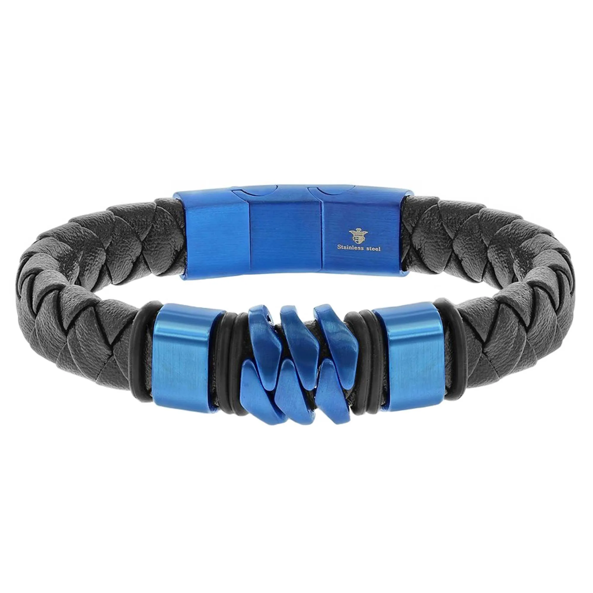 Blackjack Men's Bracelet - Blue Stainless Steel and Genuine Black Leather | ST-1620