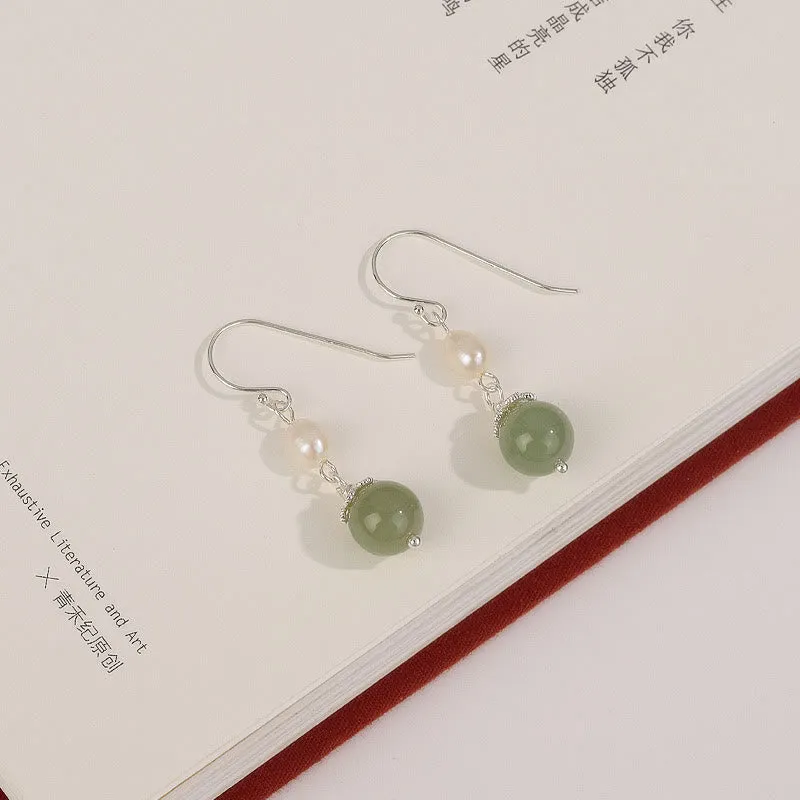 Buddha Stones 925 Sterling Silver Natural Pearl Jade Wisdom Earrings