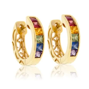 Channel Set Princess Cut Rainbow Sapphire Hoop Earrings