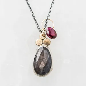 Chocolate Sapphire Pear Necklace with Red Garnet Charm