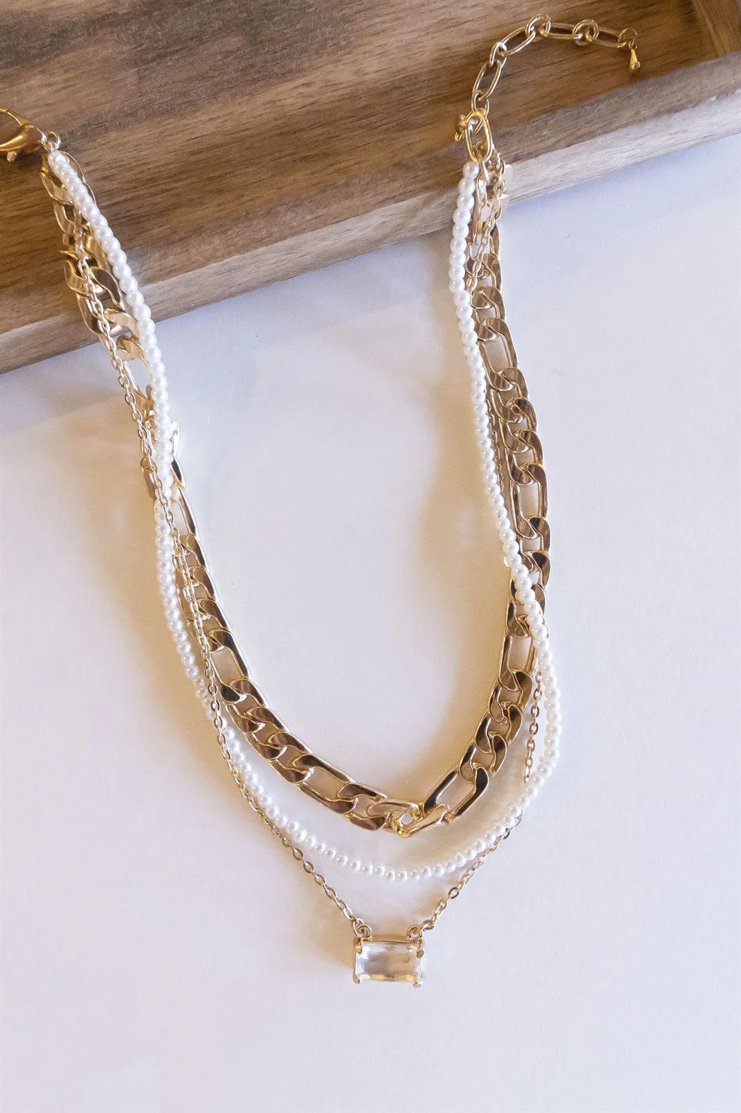 Claire Pearl Layering Necklace | Gold Chain Pearl and Crystal Accent Necklace