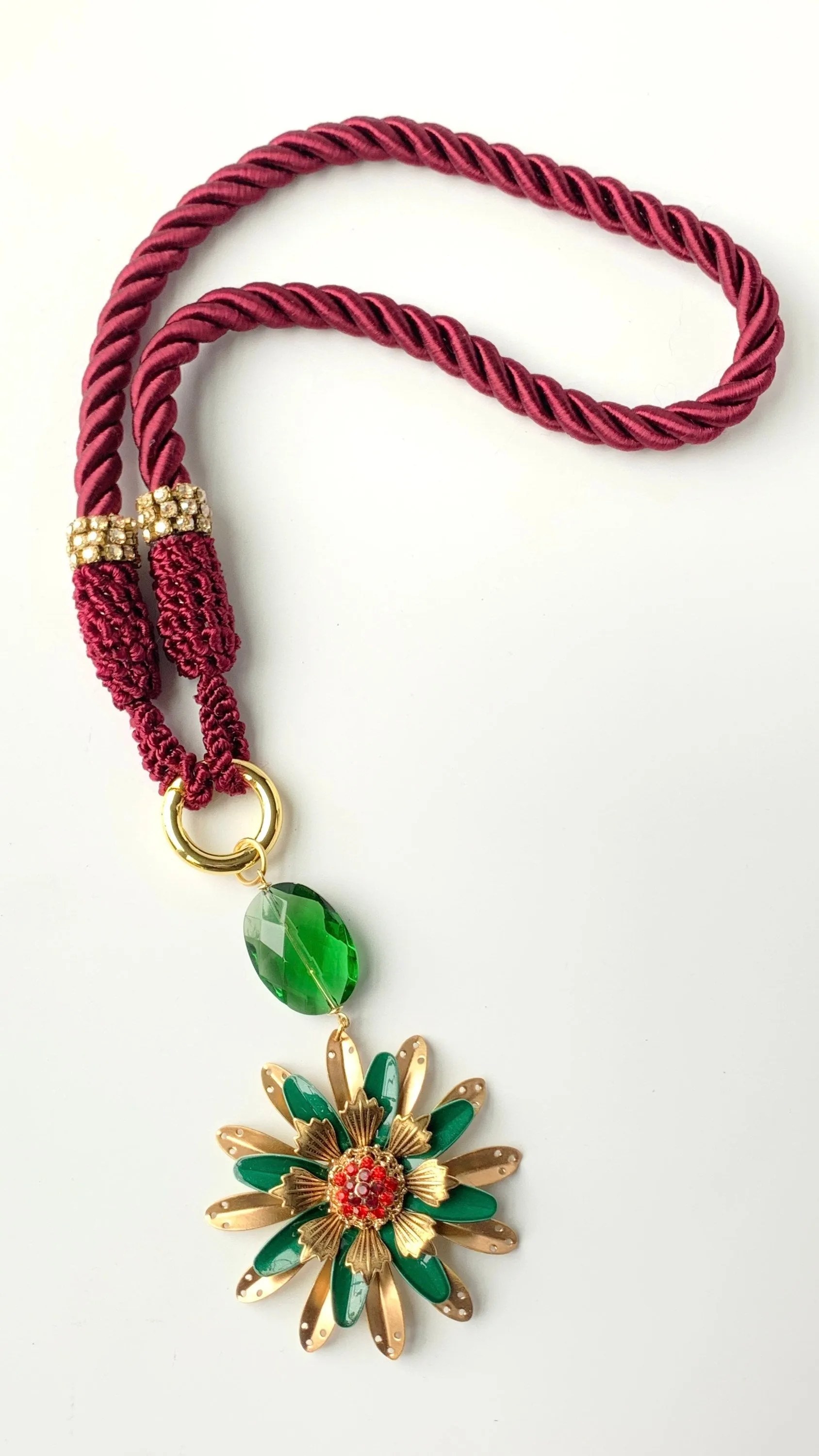 Cranberry Silk Cord Long Holiday Pendant Necklace