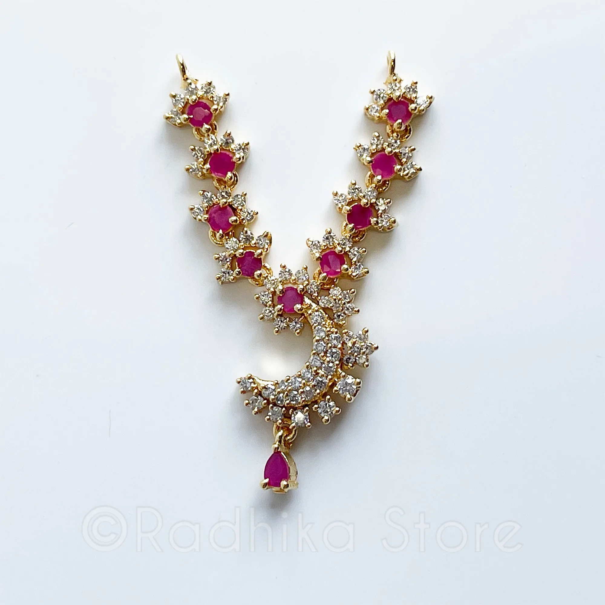 Crescent Moon Ruby-Diamond- Cubic Zircon- Necklace