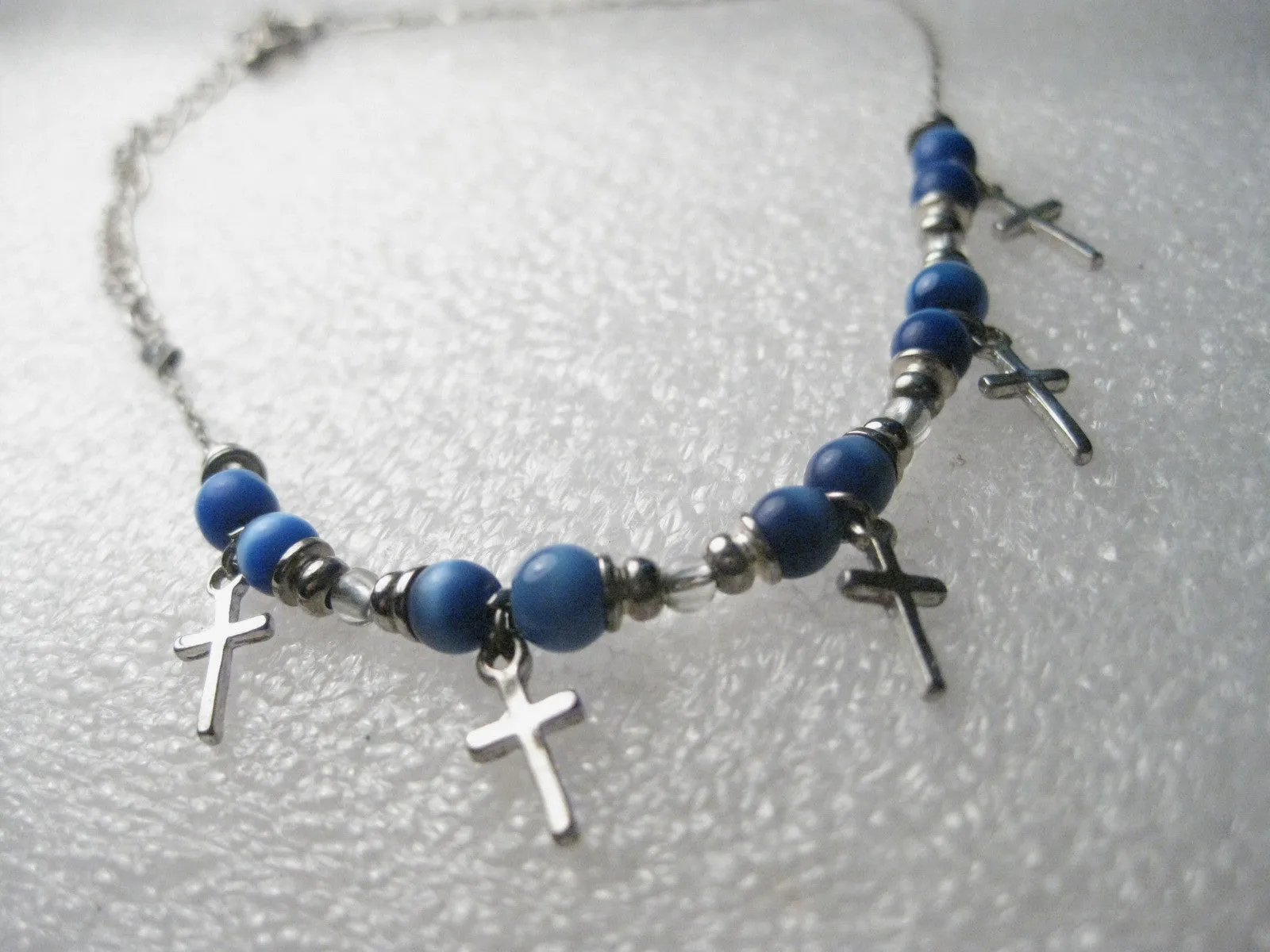 Cross and Blue Moonstone Beaded Ankle Bracelet, 8" - Silver tone, with 3" extender chain