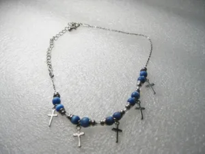 Cross and Blue Moonstone Beaded Ankle Bracelet, 8" - Silver tone, with 3" extender chain