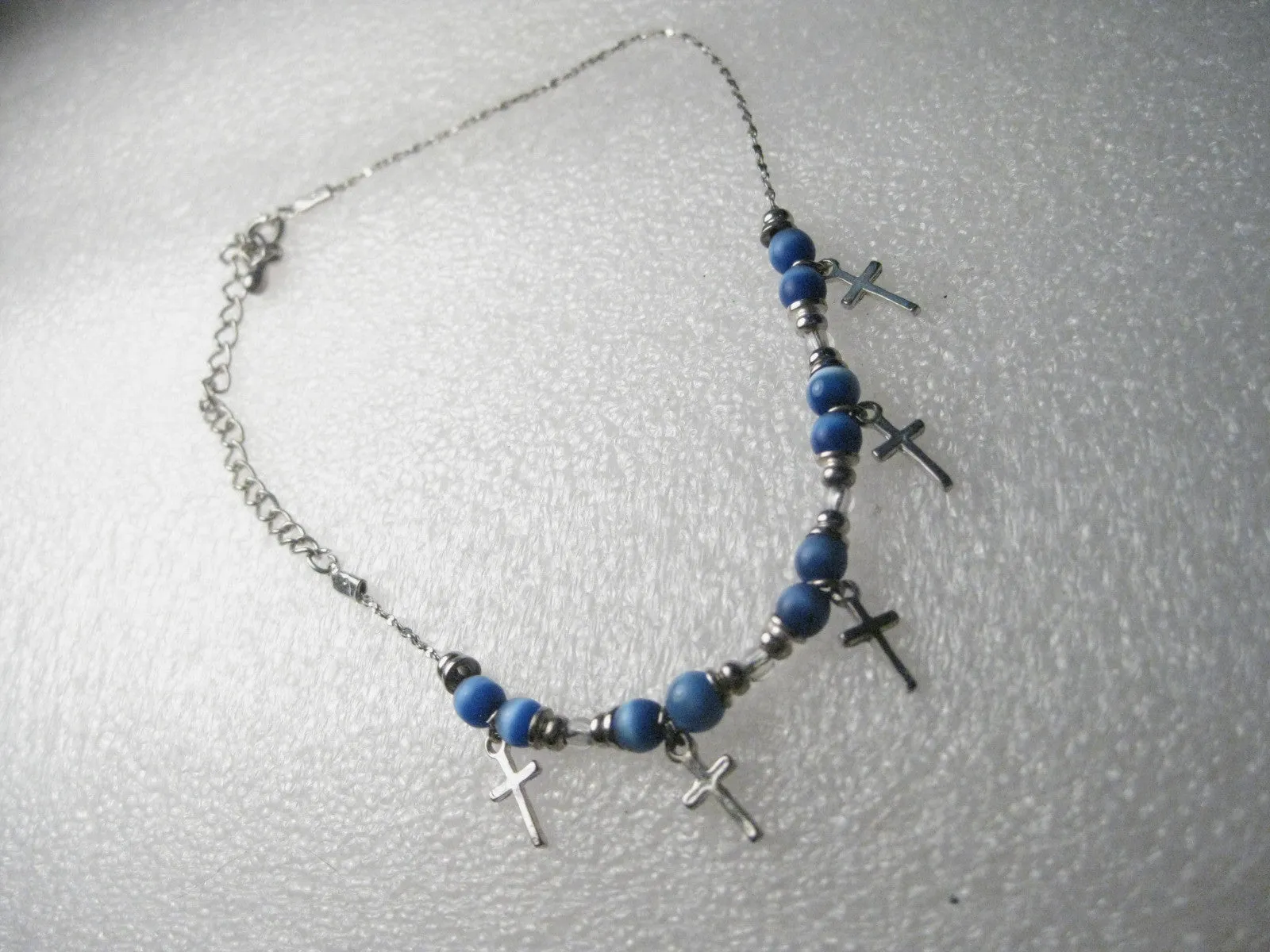 Cross and Blue Moonstone Beaded Ankle Bracelet, 8" - Silver tone, with 3" extender chain