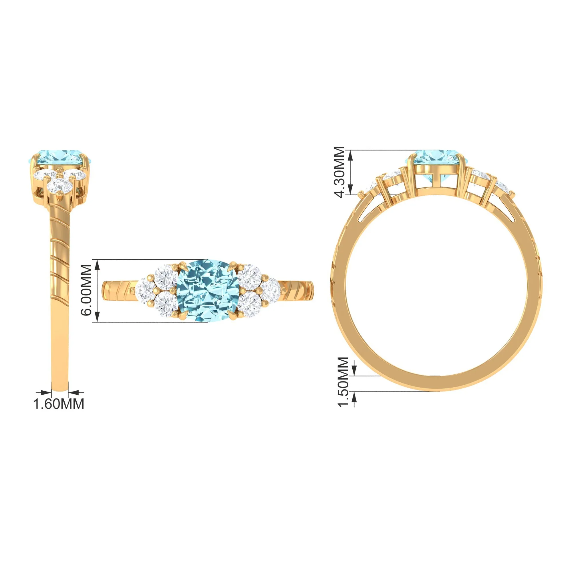 Cushion Cut Aquamarine Solitaire Ring with Diamond