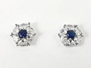 Cute Elegant Round Shape Center Sapphire CZ Stud Brass Earrings