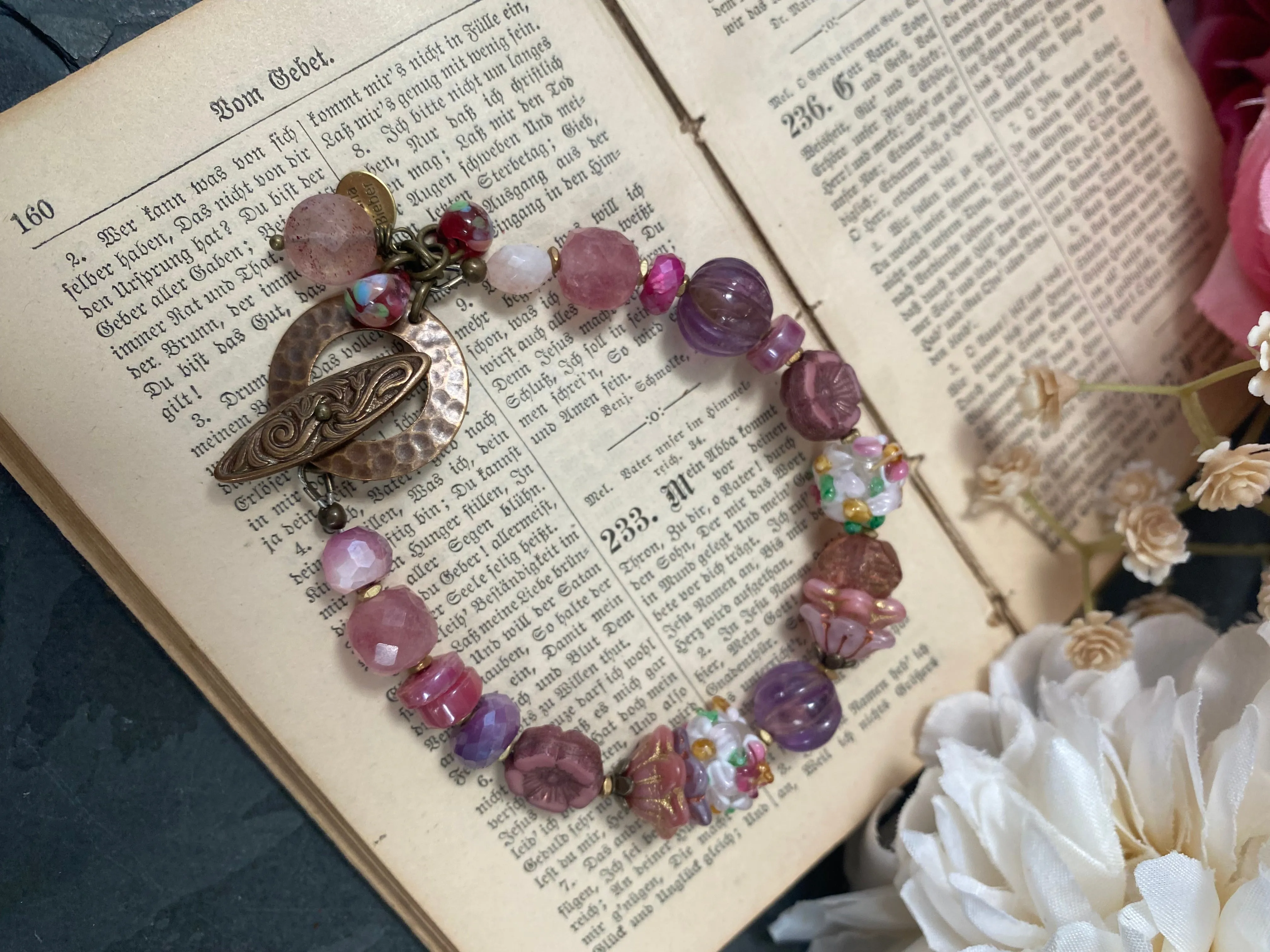 Czech glass, handmade lampwok glass, amethyst, strawberry quartz, pink moonstone, bronze metal, bracelet