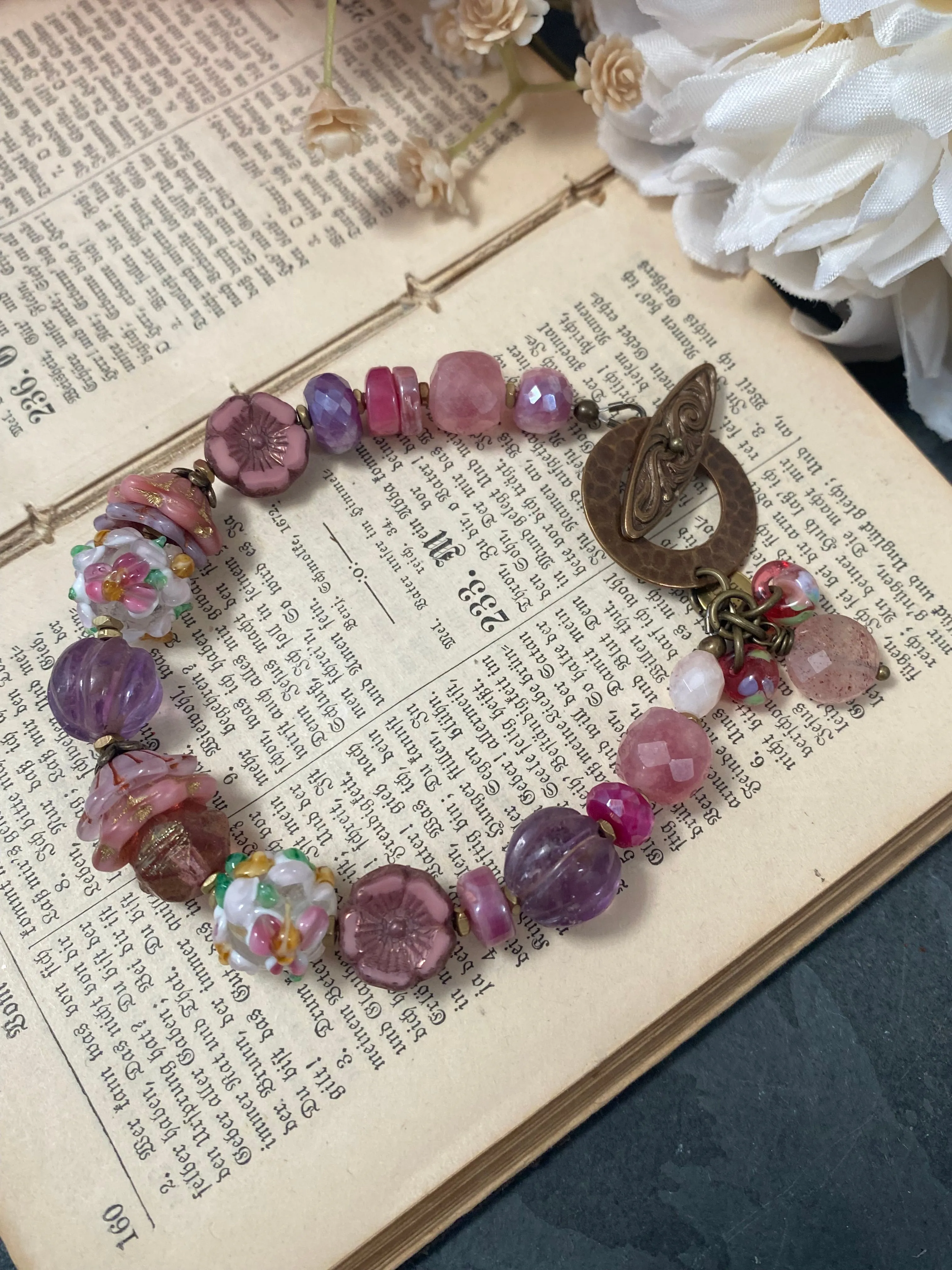 Czech glass, handmade lampwok glass, amethyst, strawberry quartz, pink moonstone, bronze metal, bracelet