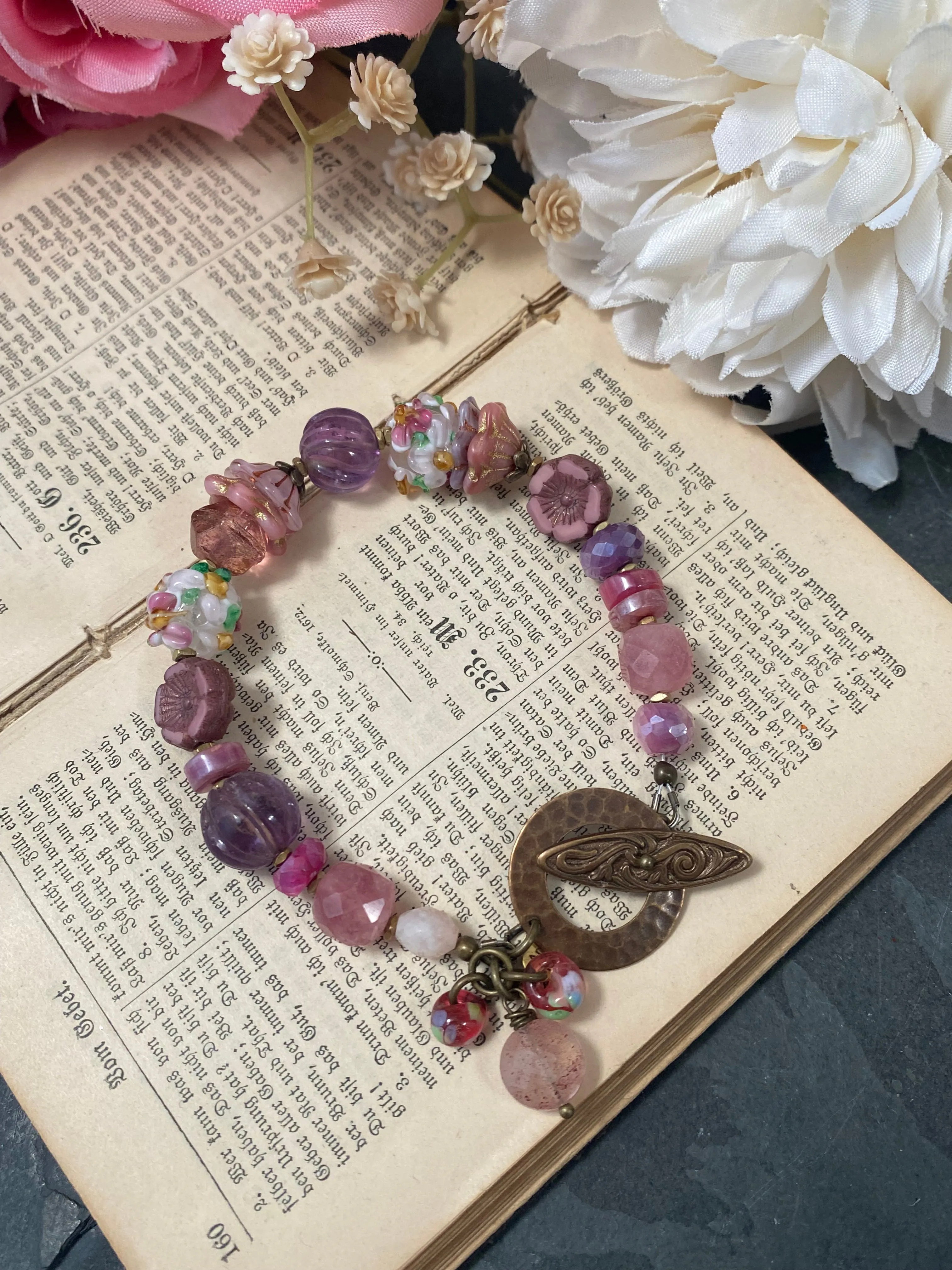 Czech glass, handmade lampwok glass, amethyst, strawberry quartz, pink moonstone, bronze metal, bracelet