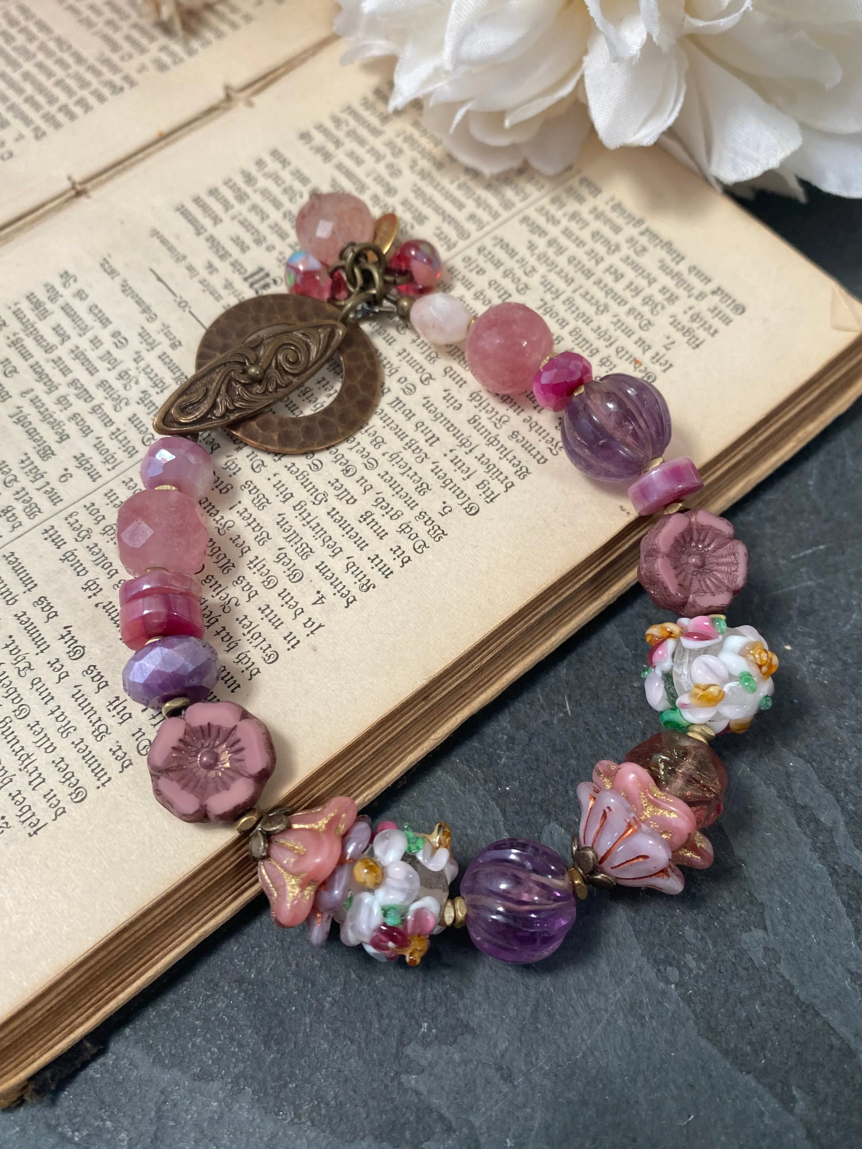 Czech glass, handmade lampwok glass, amethyst, strawberry quartz, pink moonstone, bronze metal, bracelet