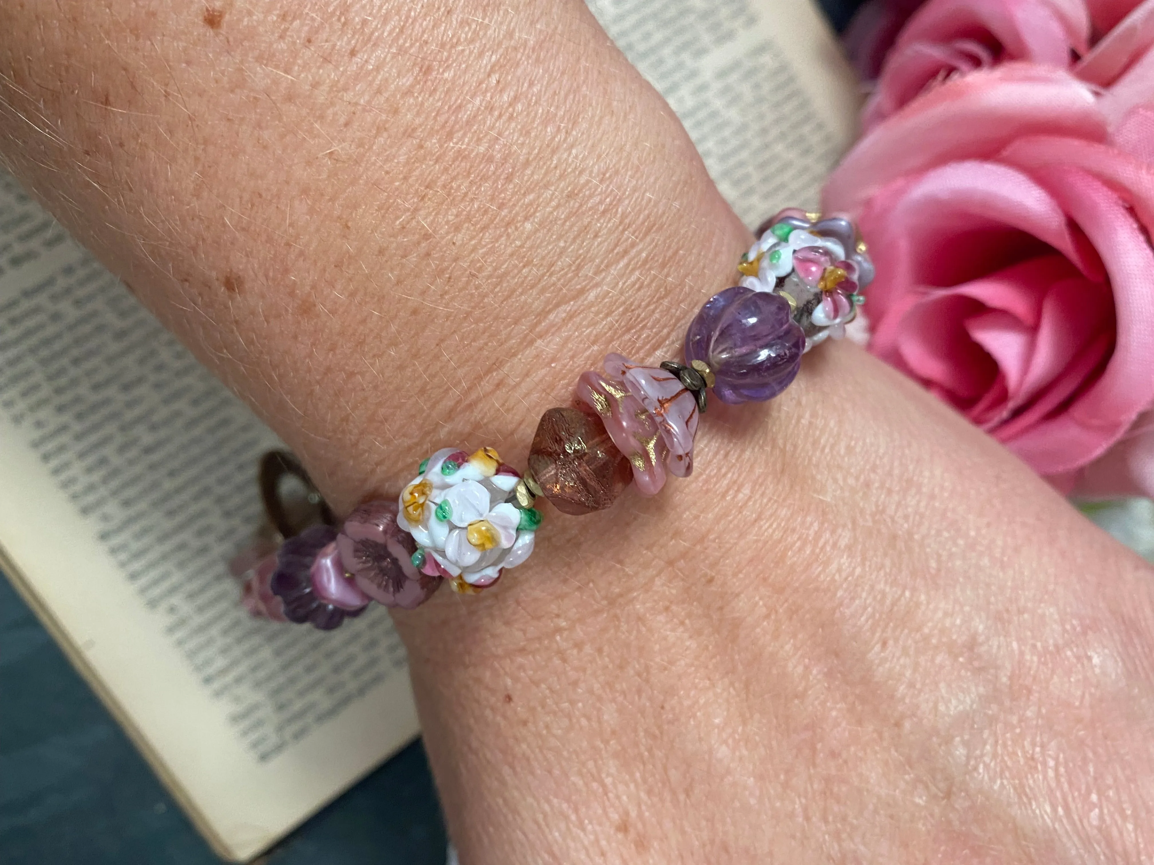 Czech glass, handmade lampwok glass, amethyst, strawberry quartz, pink moonstone, bronze metal, bracelet