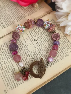 Czech glass, handmade lampwok glass, amethyst, strawberry quartz, pink moonstone, bronze metal, bracelet