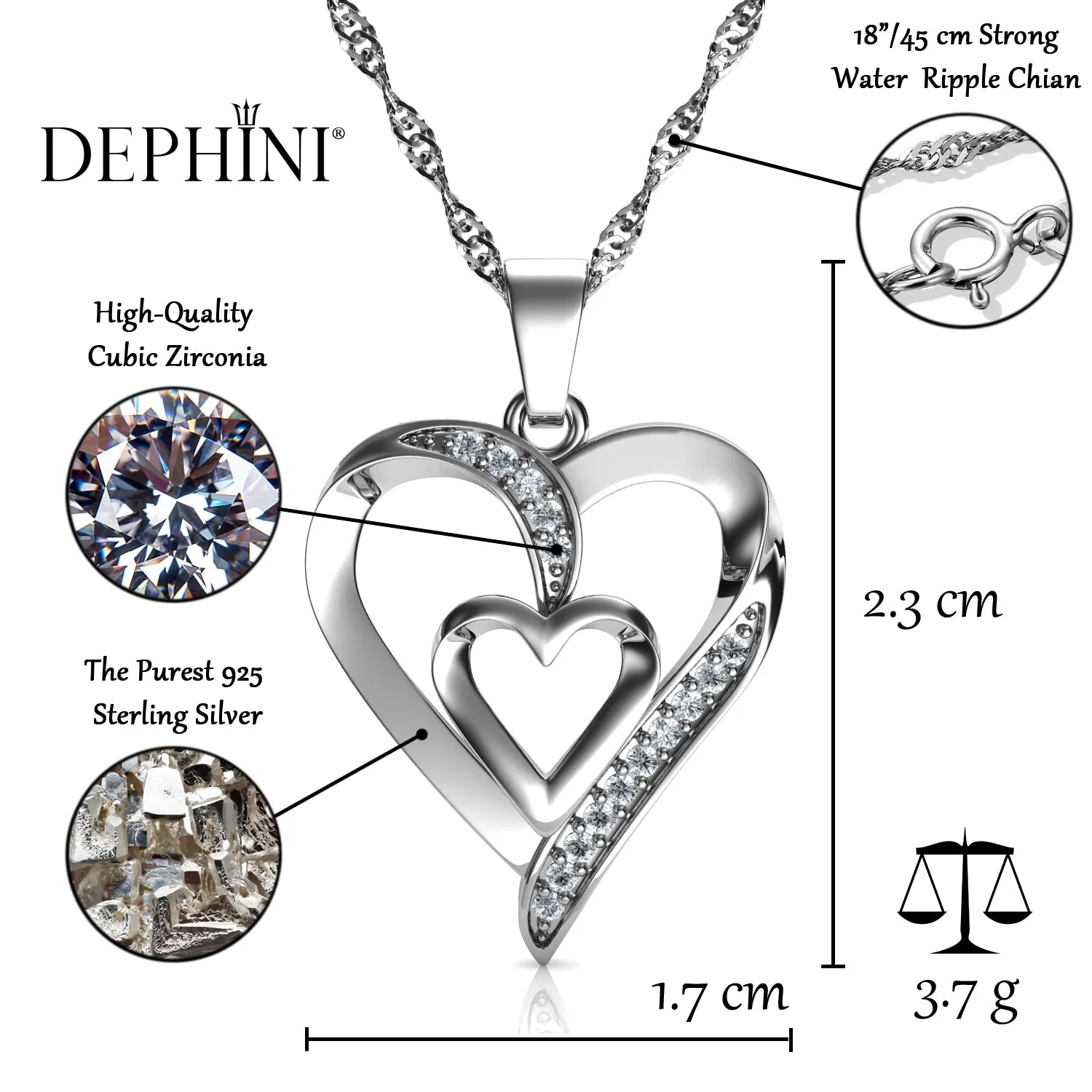 DEPHINI - Jewellery set - Heart Necklace Earrings & Ring - 925 Silver