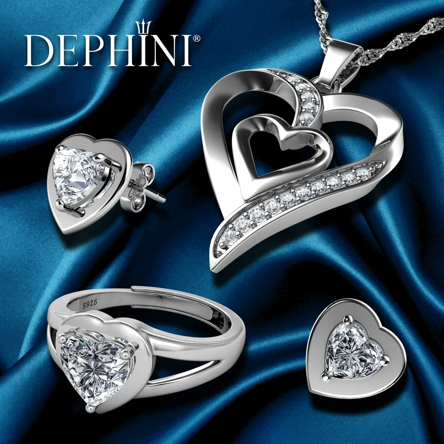 DEPHINI - Jewellery set - Heart Necklace Earrings & Ring - 925 Silver