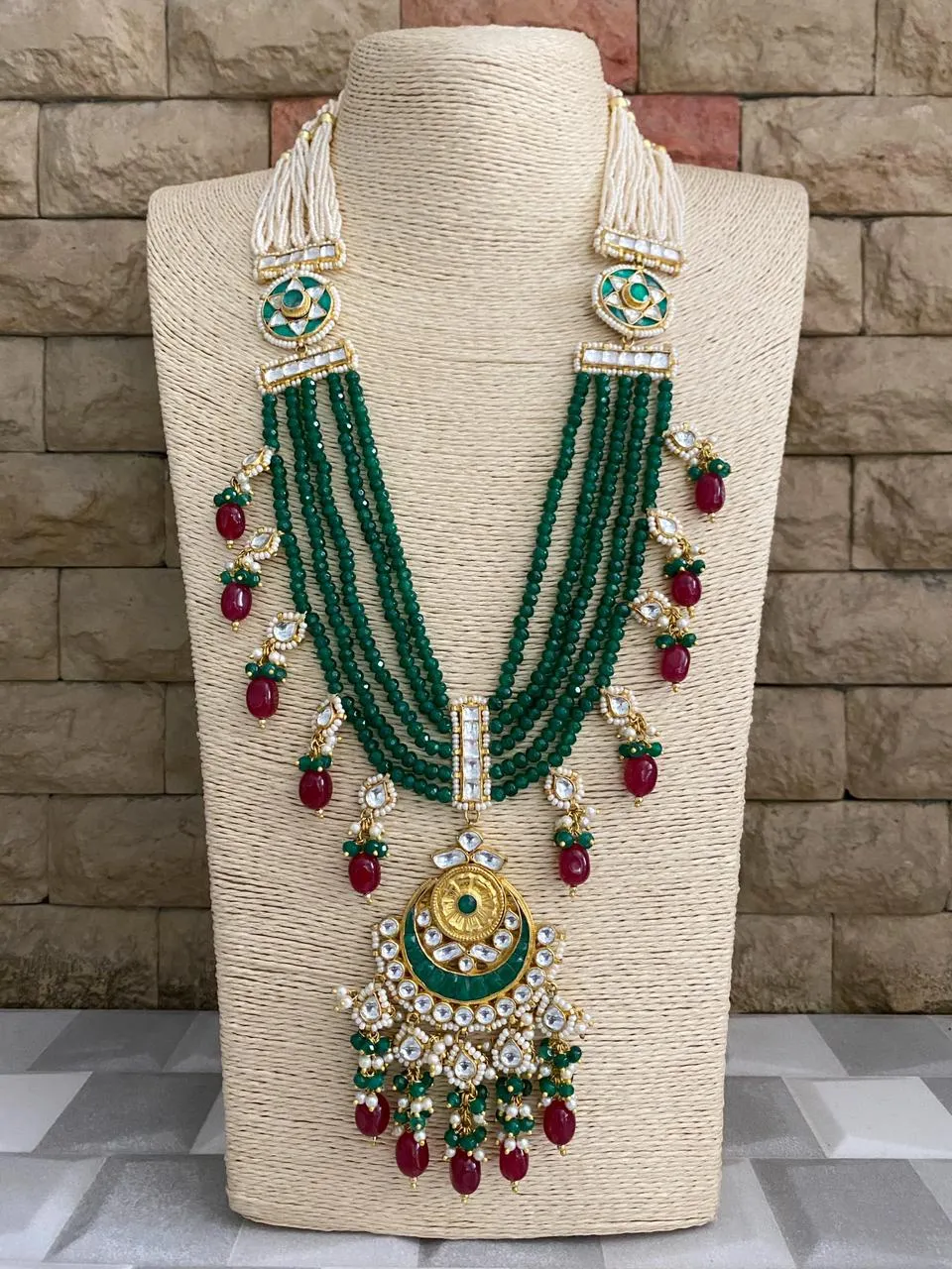 Designer Handmade Multi Layered Beaded Kundan Long Green Necklace Set