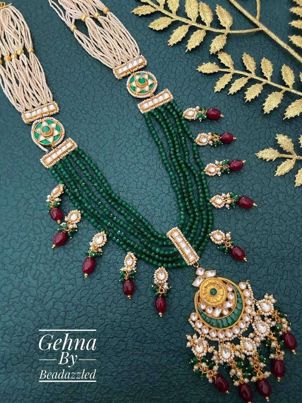 Designer Handmade Multi Layered Beaded Kundan Long Green Necklace Set