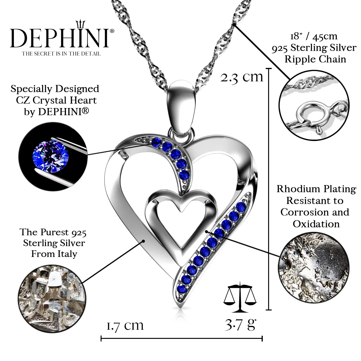 Double Heart Necklace 925 Sterling Silver Jewellery Dephini Blue CZ