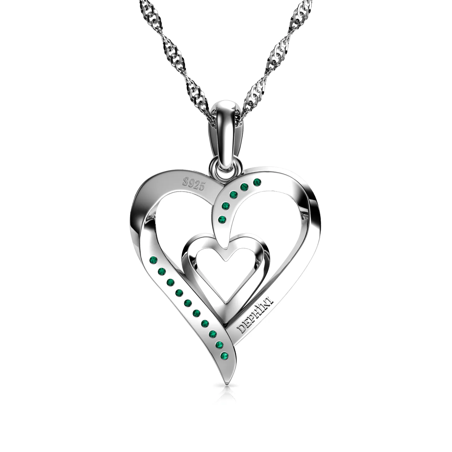 Double Heart Necklace 925 Sterling Silver Jewellery Dephini Green CZ