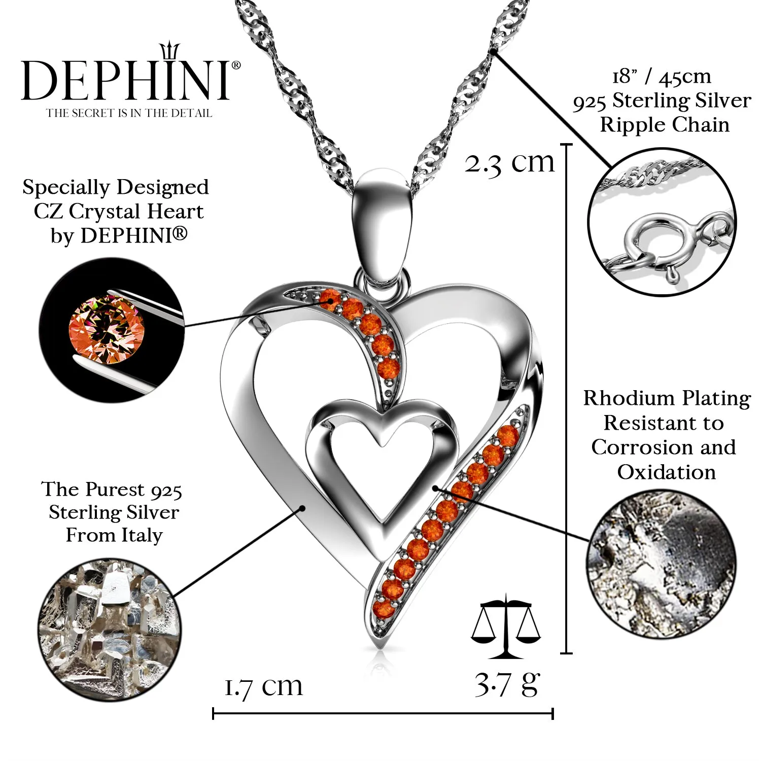 Double Heart Necklace 925 Sterling Silver Jewellery Dephini Orange CZ