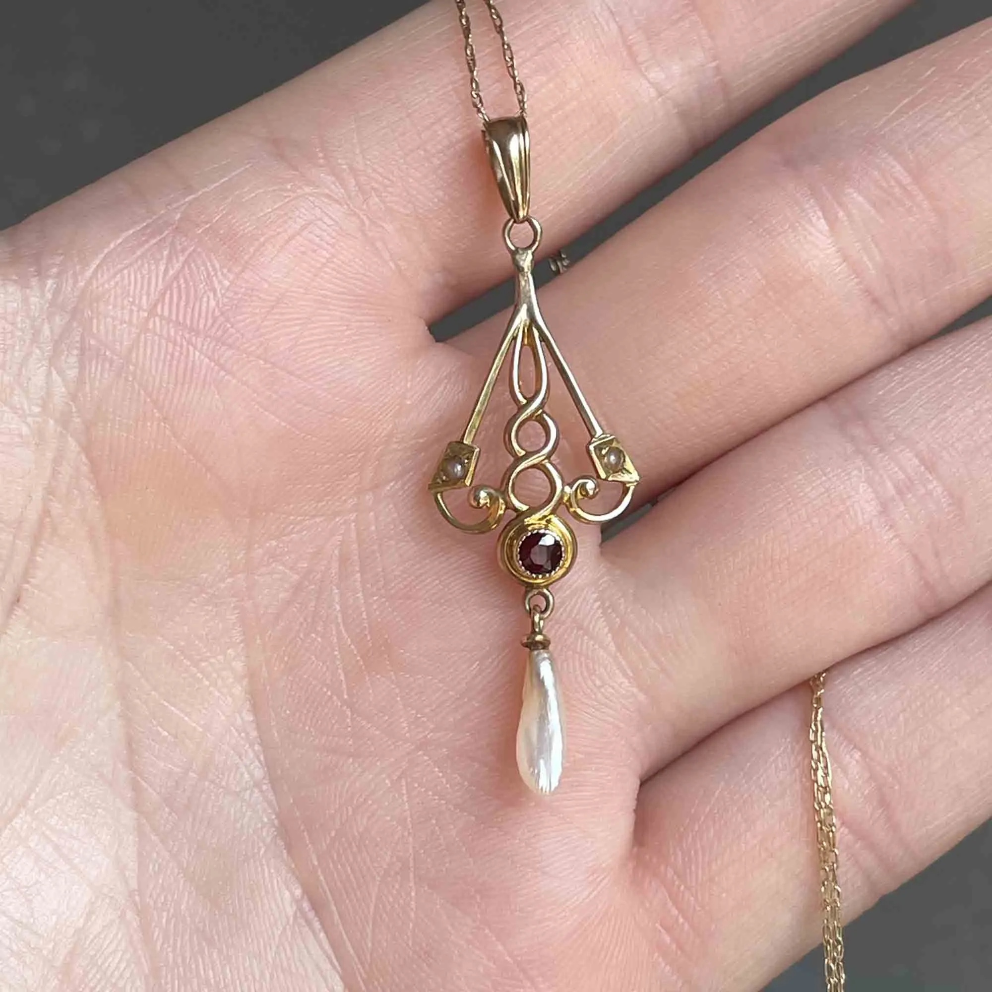 Edwardian 10K Gold Garnet Seed Pearl Lavaliere Necklace