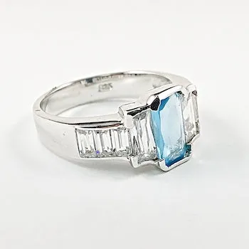 Elegant Rectangle Baguette Cut CZ Center Aquamarine Silver Ring