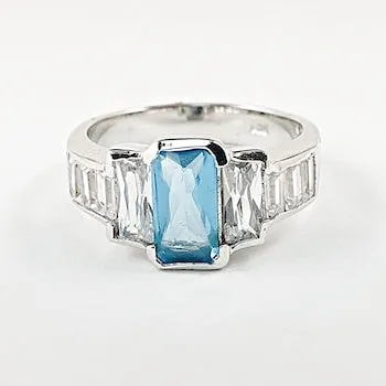 Elegant Rectangle Baguette Cut CZ Center Aquamarine Silver Ring