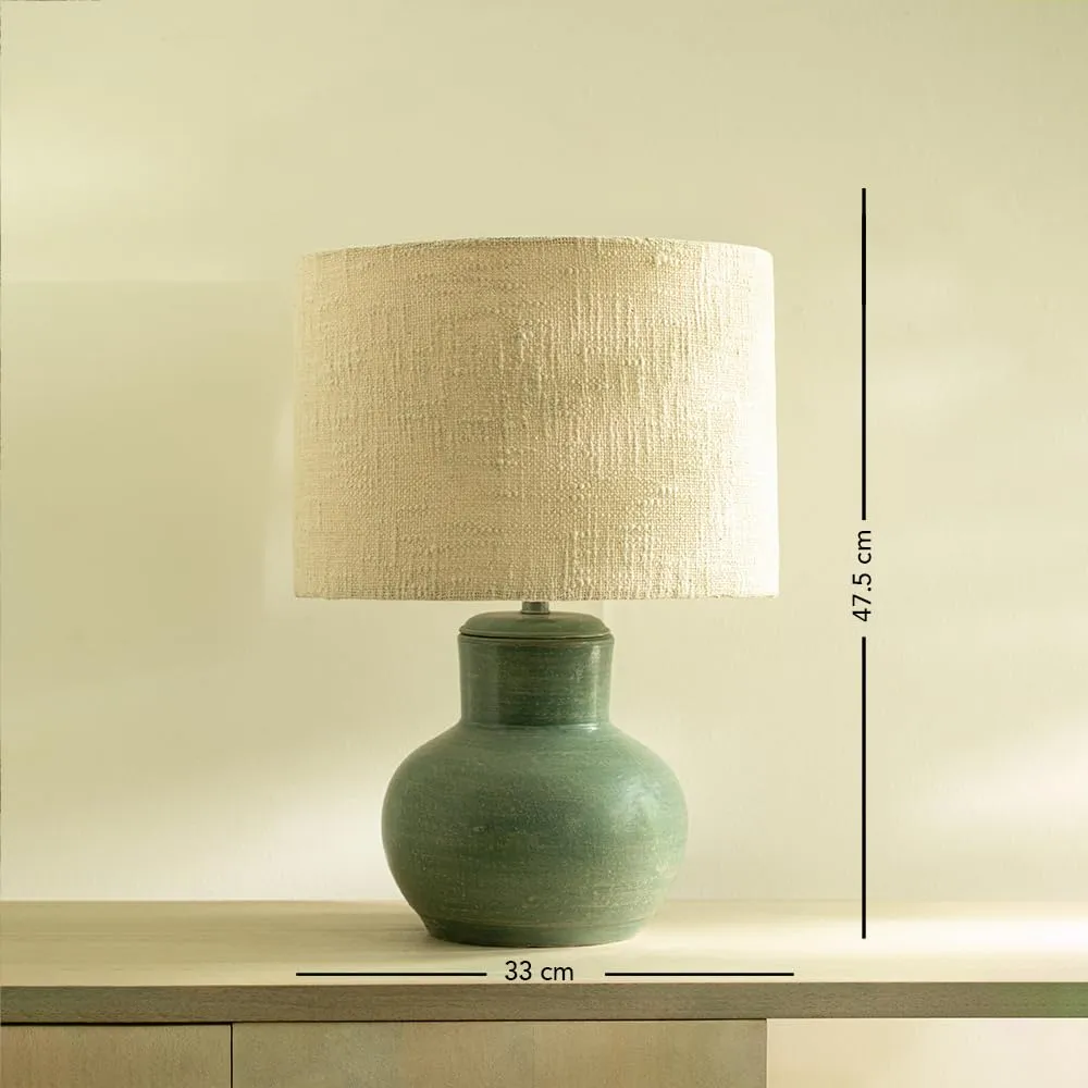 Ellementry Vara Terracotta Ribbed Aquamarine Lamp with Shade - White| Night Lamp for Bedroom & Living Room | Bedside Table Lamp | Decorative Piece| Table Top Decoration Items