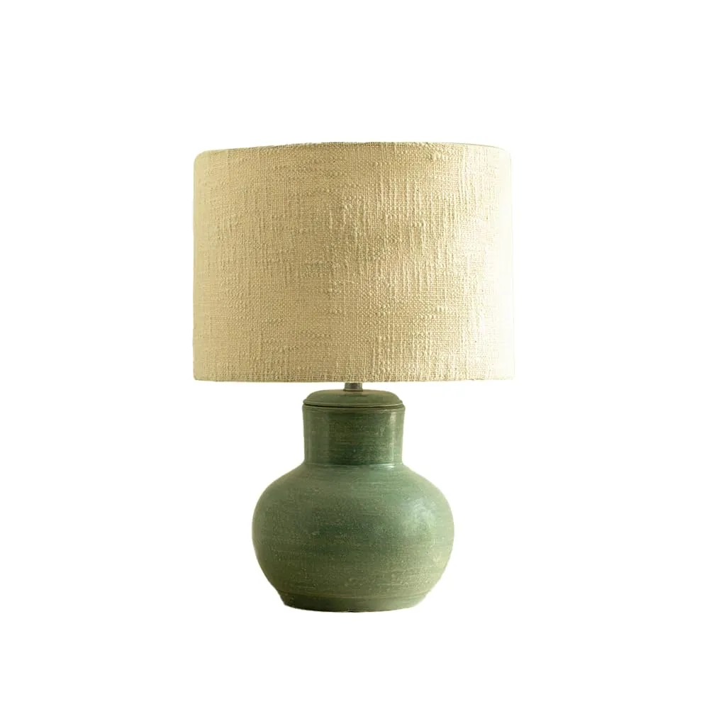 Ellementry Vara Terracotta Ribbed Aquamarine Lamp with Shade - White| Night Lamp for Bedroom & Living Room | Bedside Table Lamp | Decorative Piece| Table Top Decoration Items