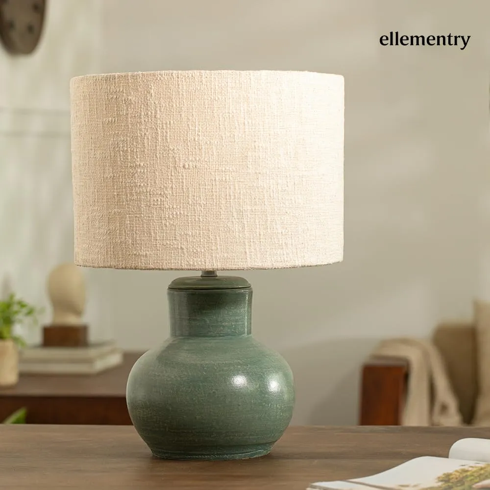 Ellementry Vara Terracotta Ribbed Aquamarine Lamp with Shade - White| Night Lamp for Bedroom & Living Room | Bedside Table Lamp | Decorative Piece| Table Top Decoration Items