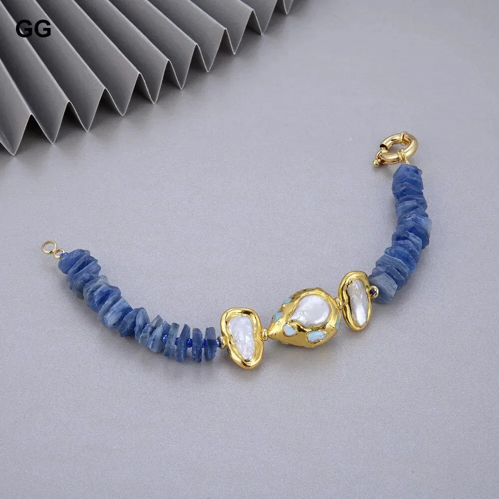 Emax  Jewelry Natural Blue Kyanite Rondelle Rough Cultured White Pearl Blue Larimar Bracelet For Women