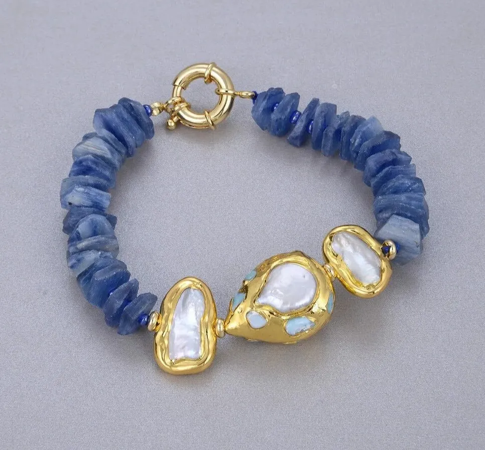 Emax  Jewelry Natural Blue Kyanite Rondelle Rough Cultured White Pearl Blue Larimar Bracelet For Women