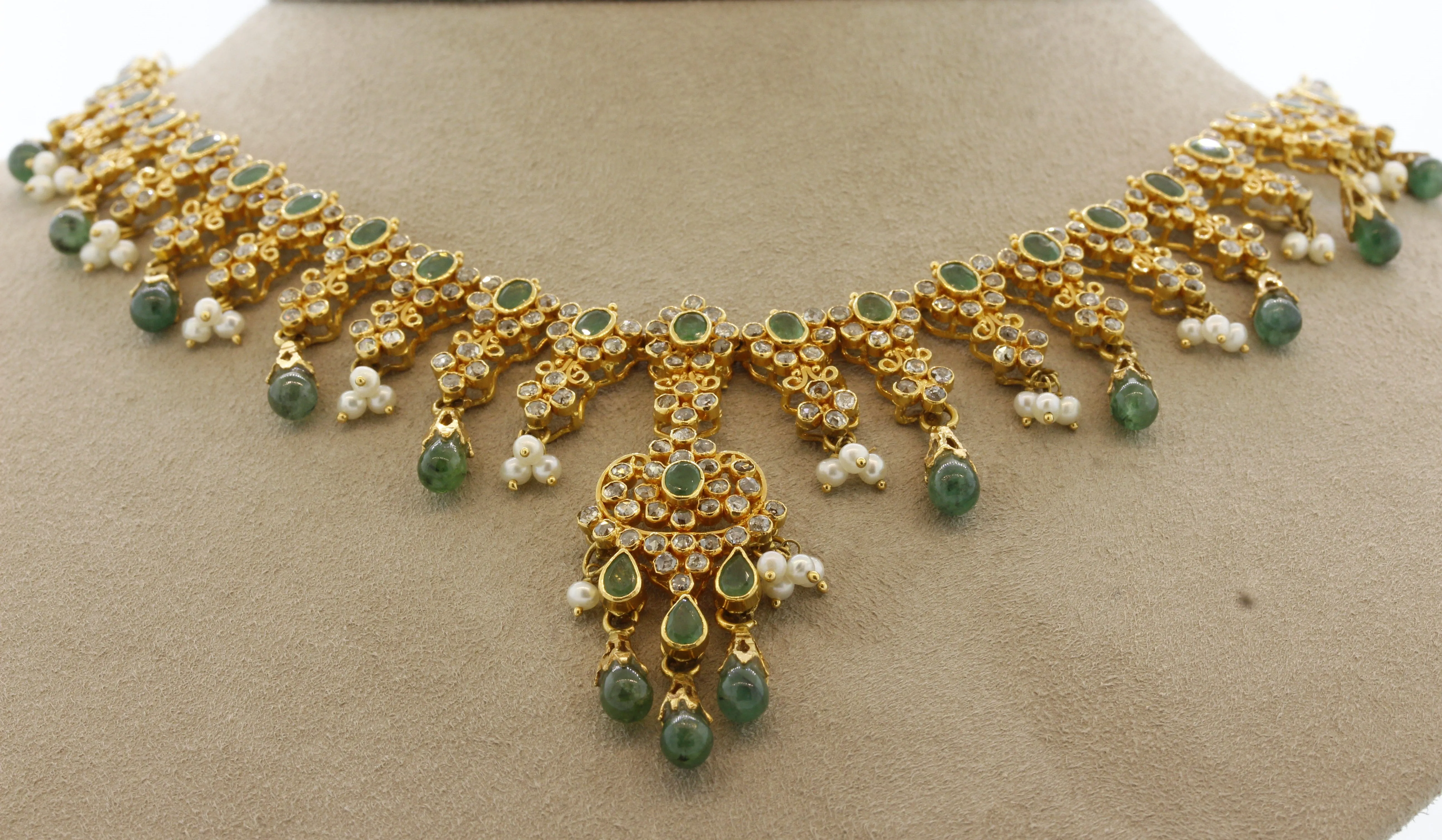 Emerald Diamond Seed-Pearl High-Karat Gold Necklace