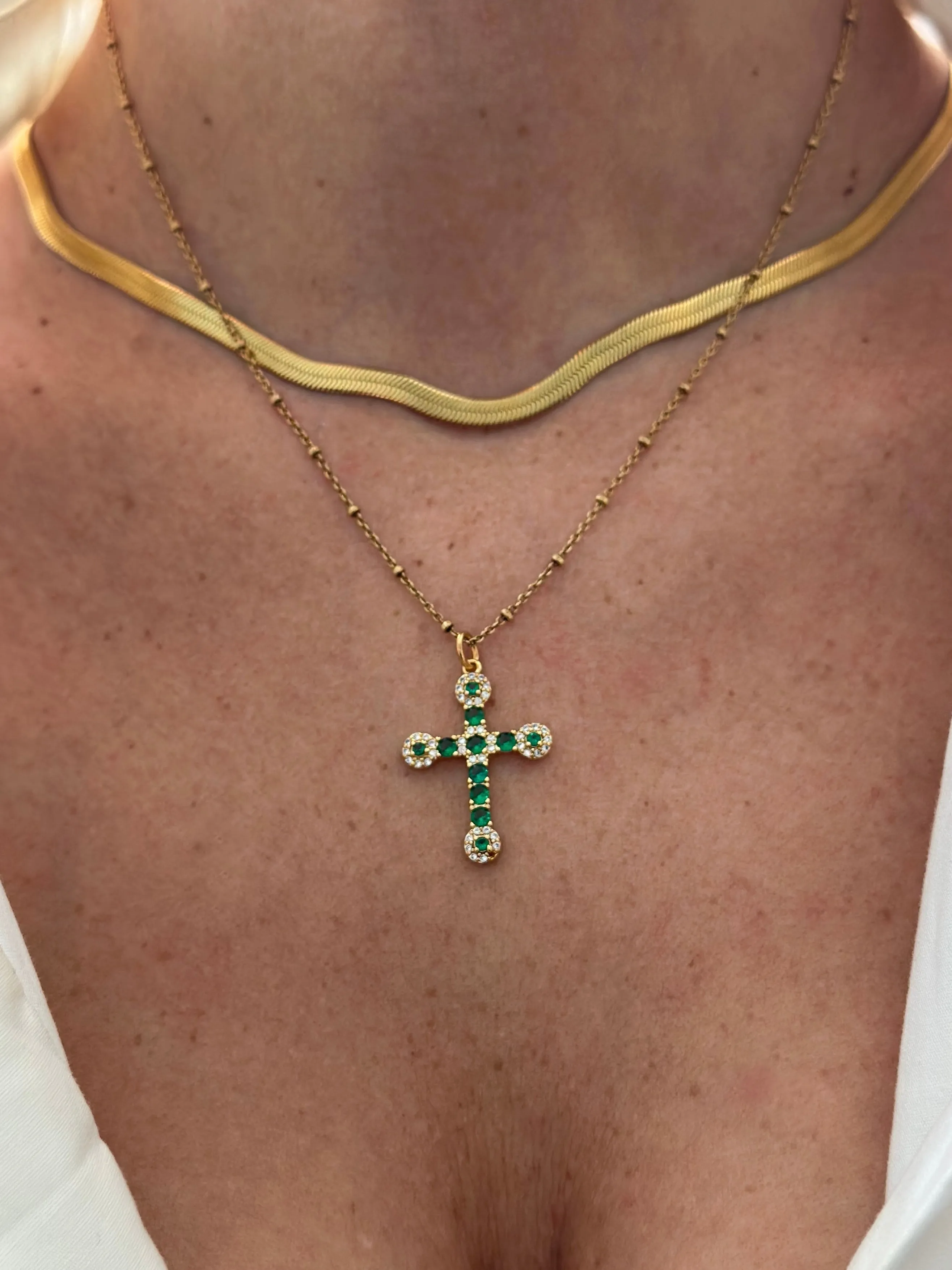 Emerald Pavé Cross Necklace