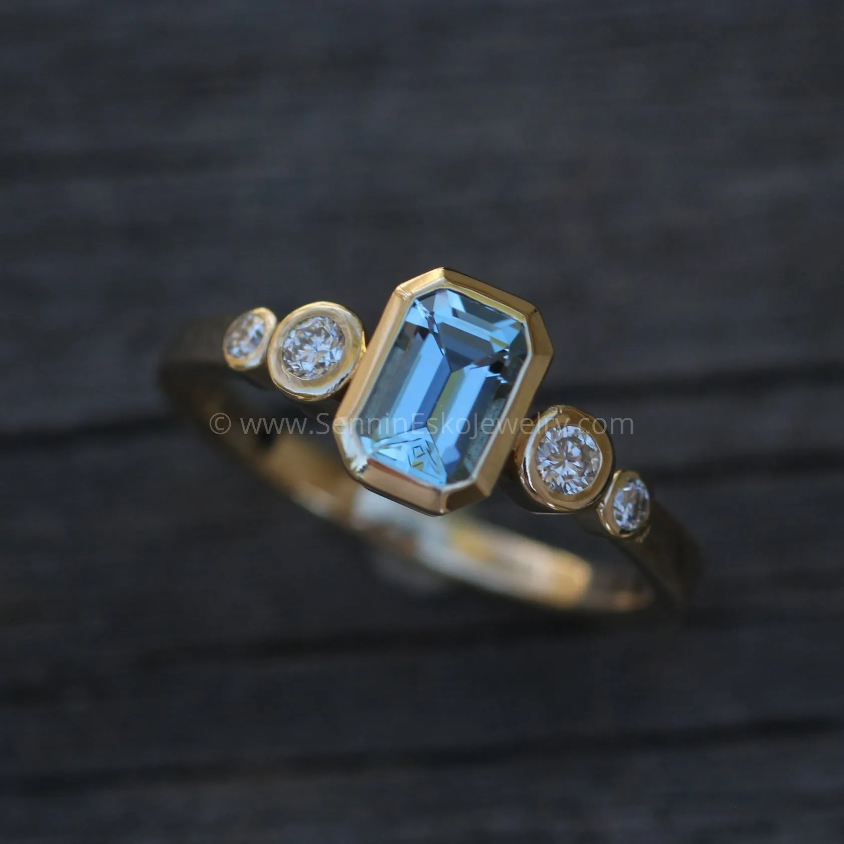 Five Stone Diamond Accented Multi Bezel Setting - Aquamarine Depicted (Setting Only, Center Stone Sold Separately)