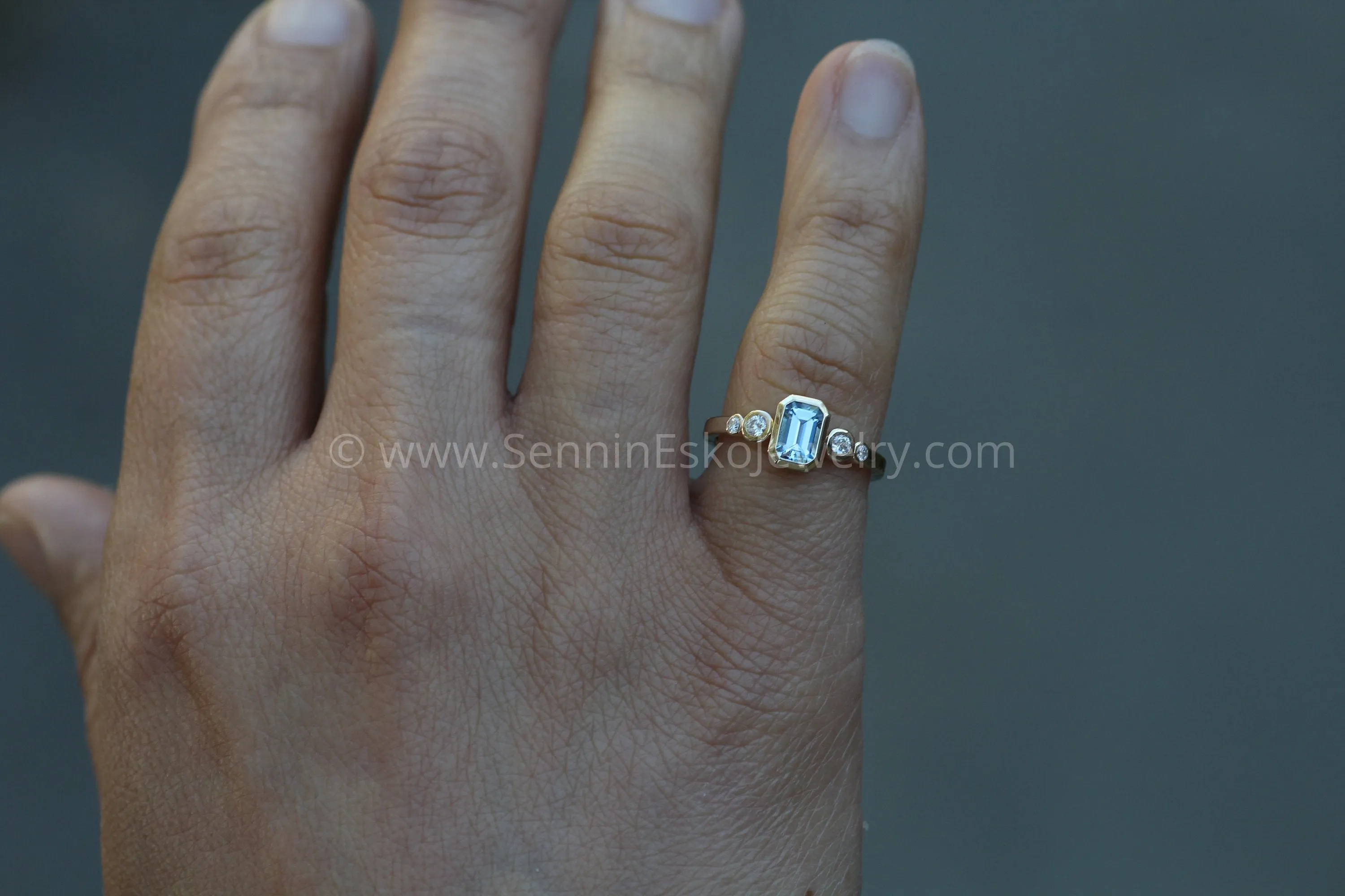 Five Stone Diamond Accented Multi Bezel Setting - Aquamarine Depicted (Setting Only, Center Stone Sold Separately)