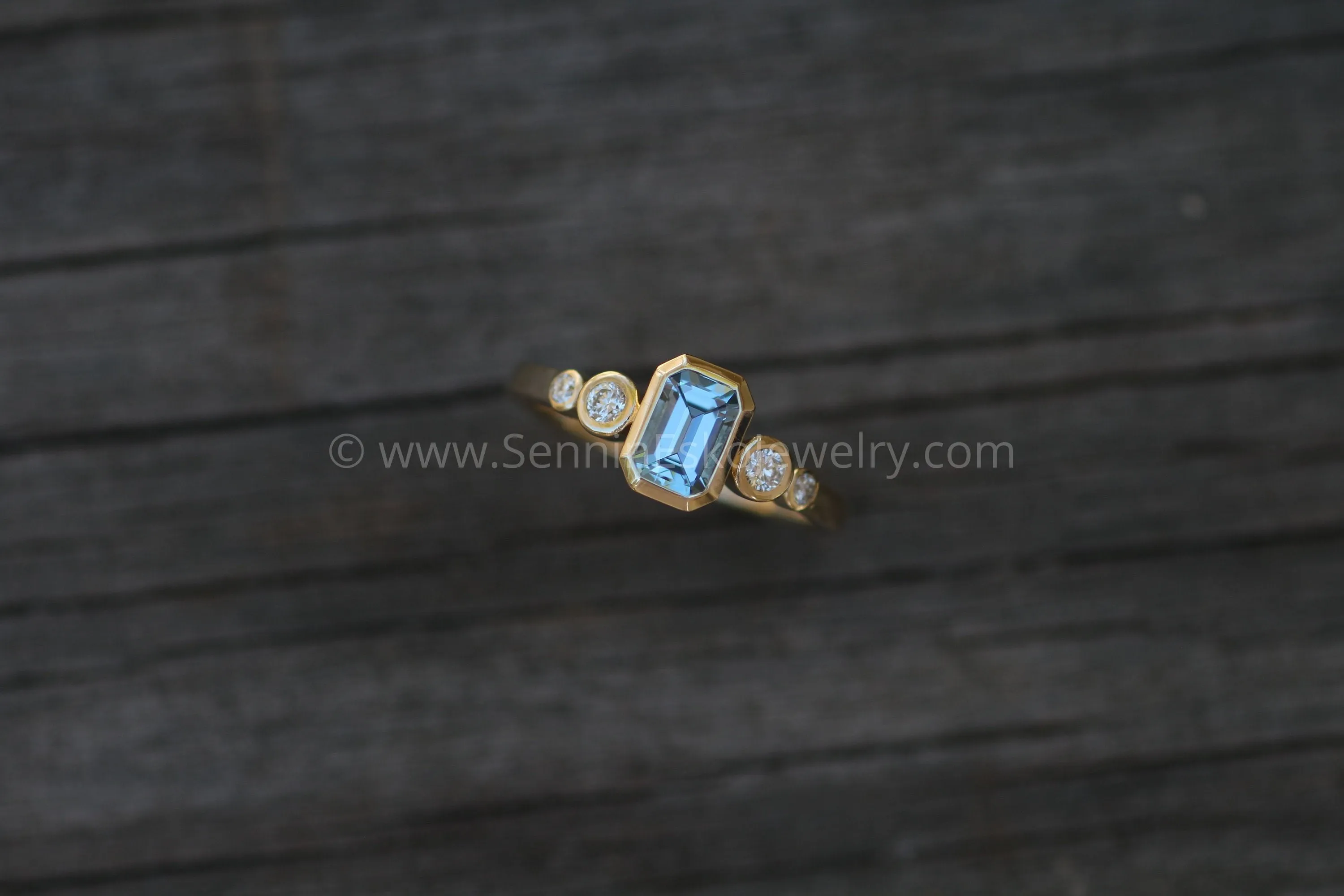 Five Stone Diamond Accented Multi Bezel Setting - Aquamarine Depicted (Setting Only, Center Stone Sold Separately)