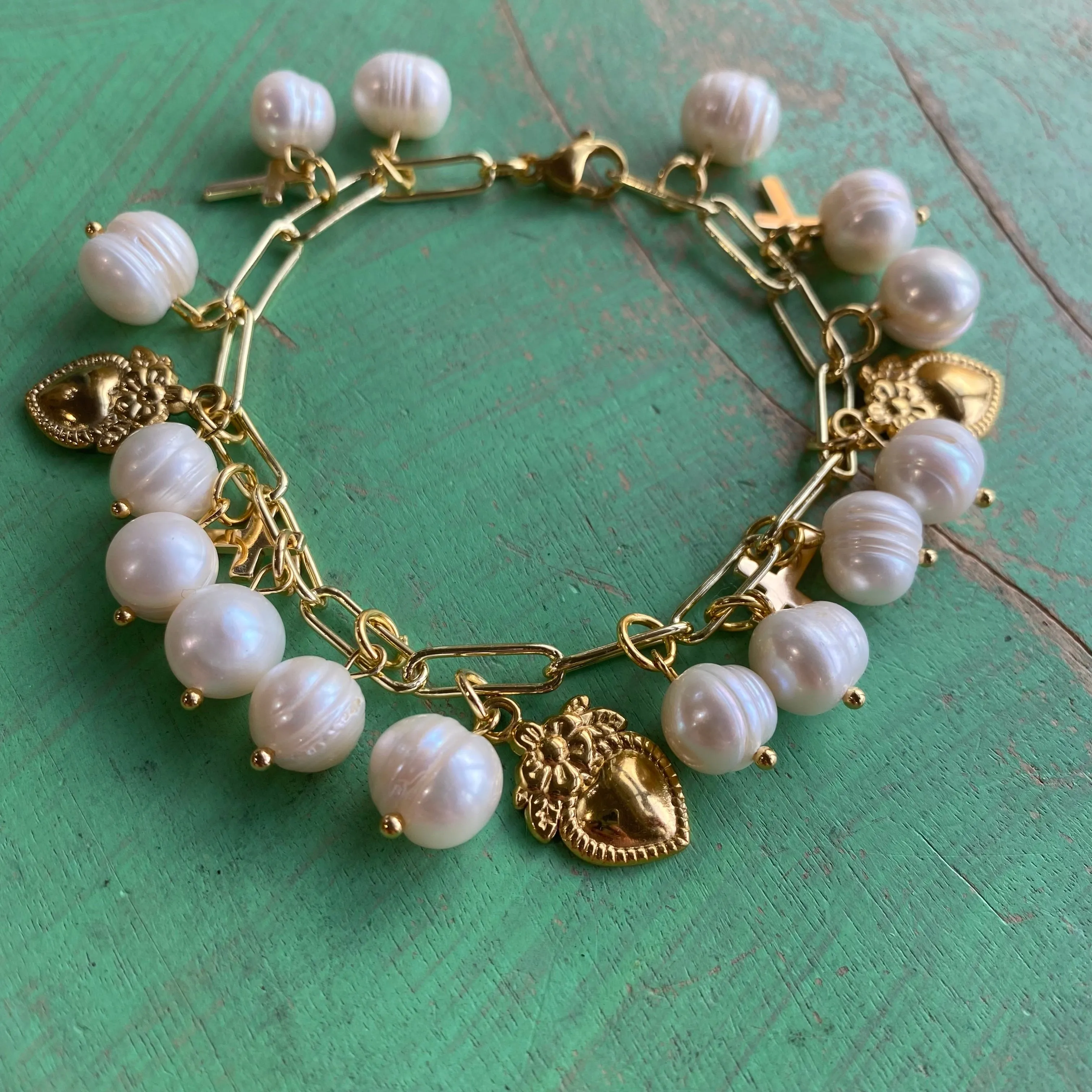 Freshwater Pearl Jesus is Love Charm Bracelet and Earrings Set