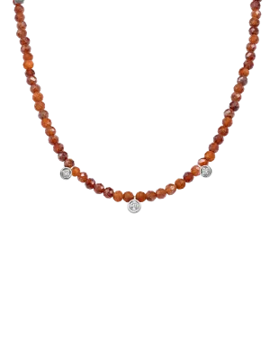 Garnet Gemstone & Three diamonds Necklace - 14K White Gold