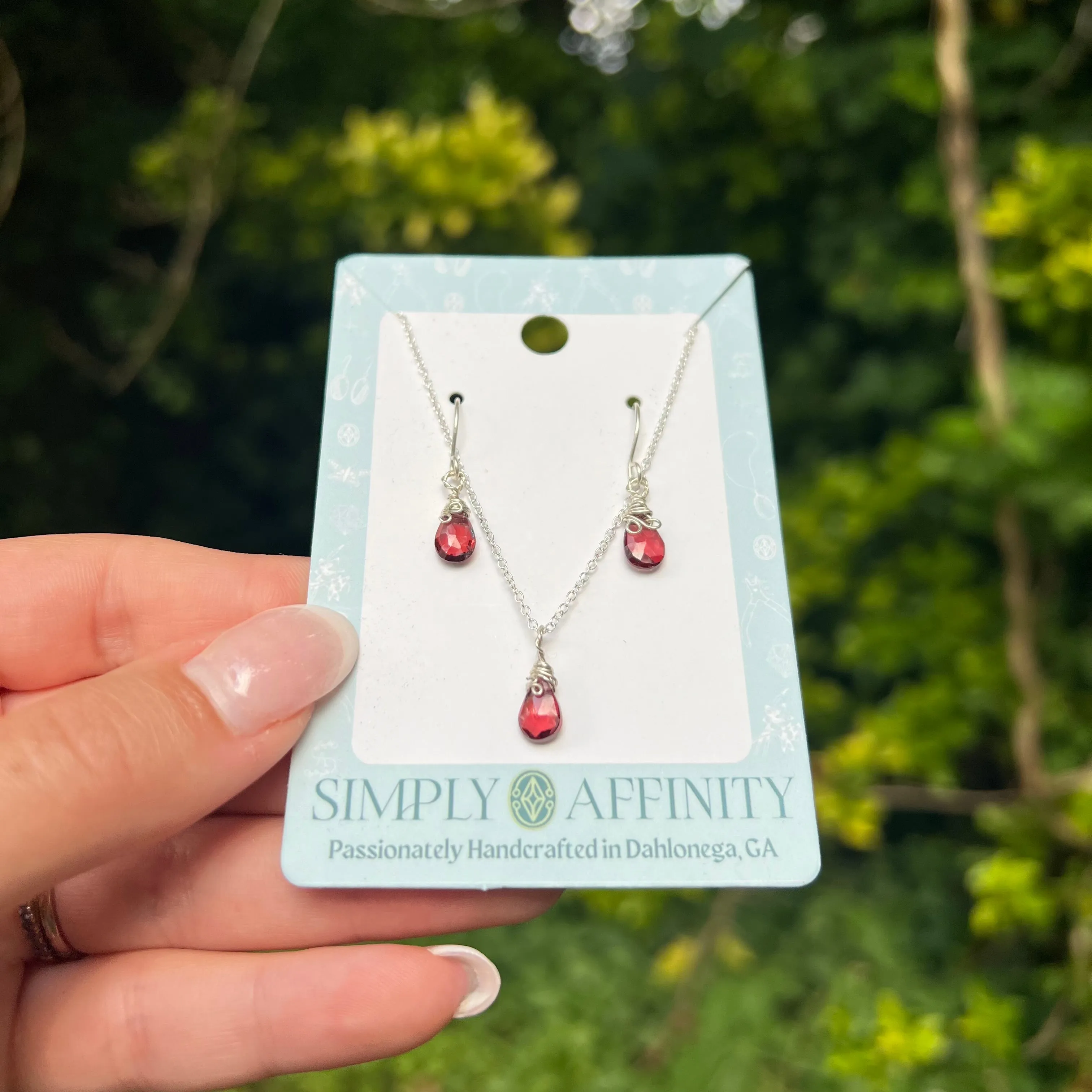 Garnet Necklace & Earring Set in Sterling Silver