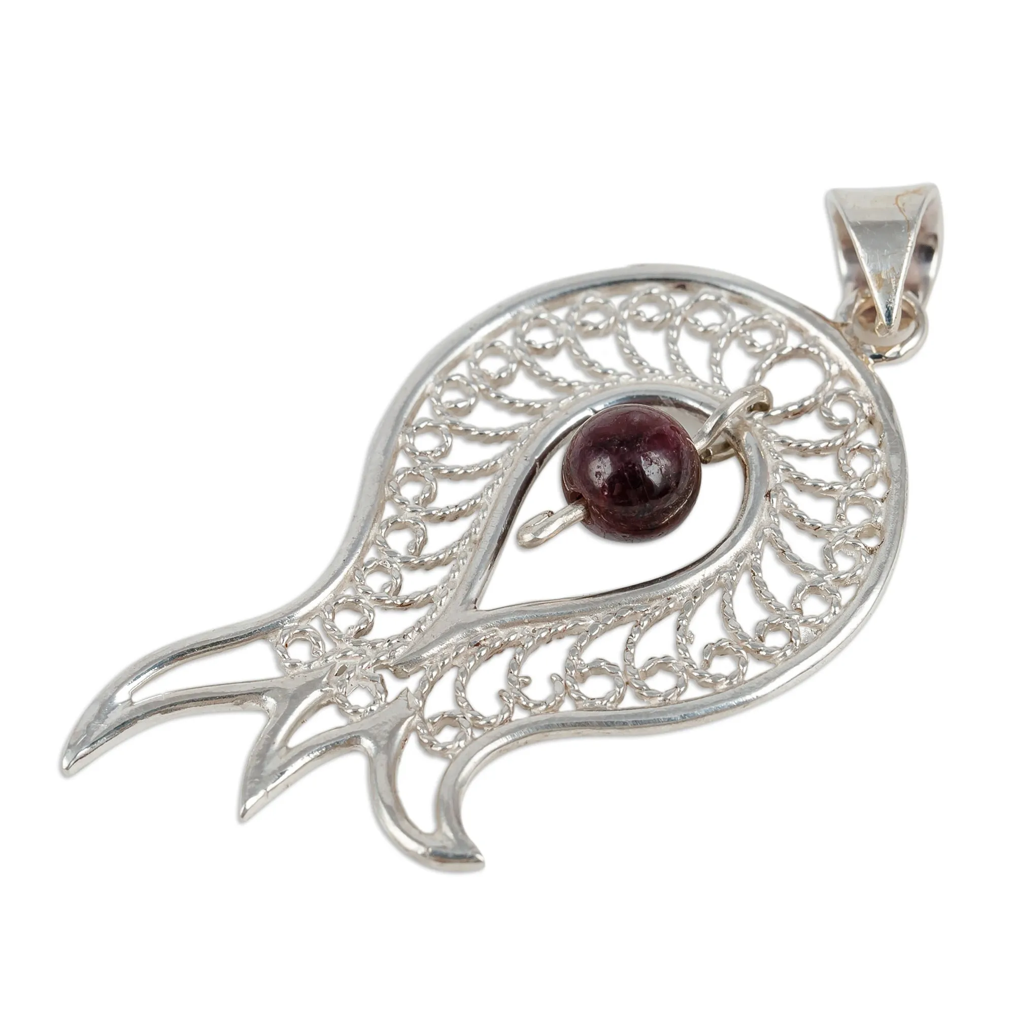 Garnet Sterling Silver Filigree Pomegranate Pendant Necklace - Passion at the Forest | NOVICA