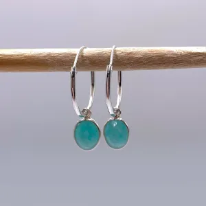 Gemstone earrings with amazonite (blue) oval crystal drops on silver small hinged hoops